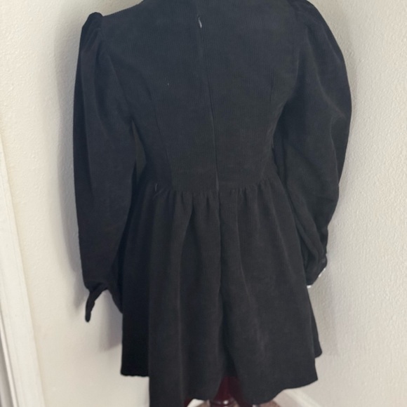 2 FOR $25 SHEIN Mod Corduroy Black Mini Dress Fit Flare Tie Neck Puff Sleeve M - Picture 9 of 9
